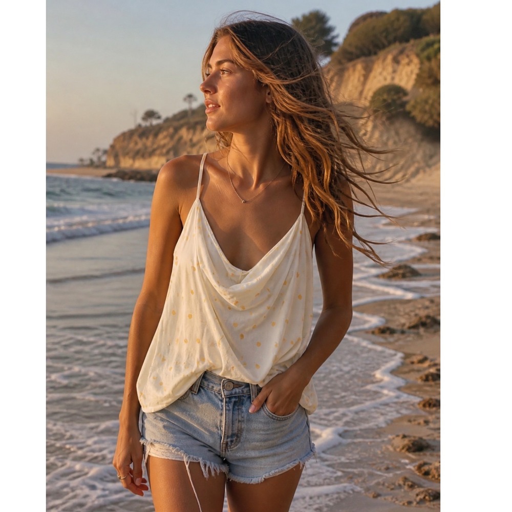 Anthropologie Elodie White Yellow Heart Print Cowl‎ Neck Cami Top Womens Medium